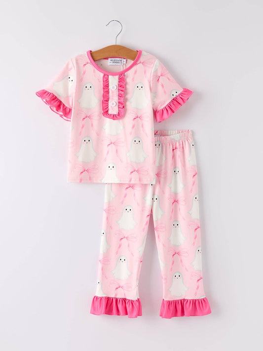Halloween Ghost Short Sleeve Ruffled Girls Pajamas