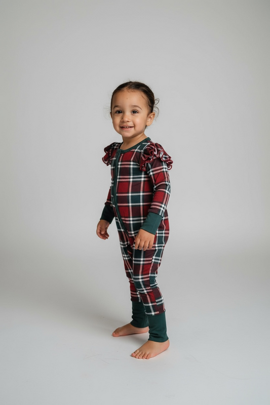 Gray's Bamboo Girl's Zippy Holiday Plaid Ruffle Plaid Pajamas