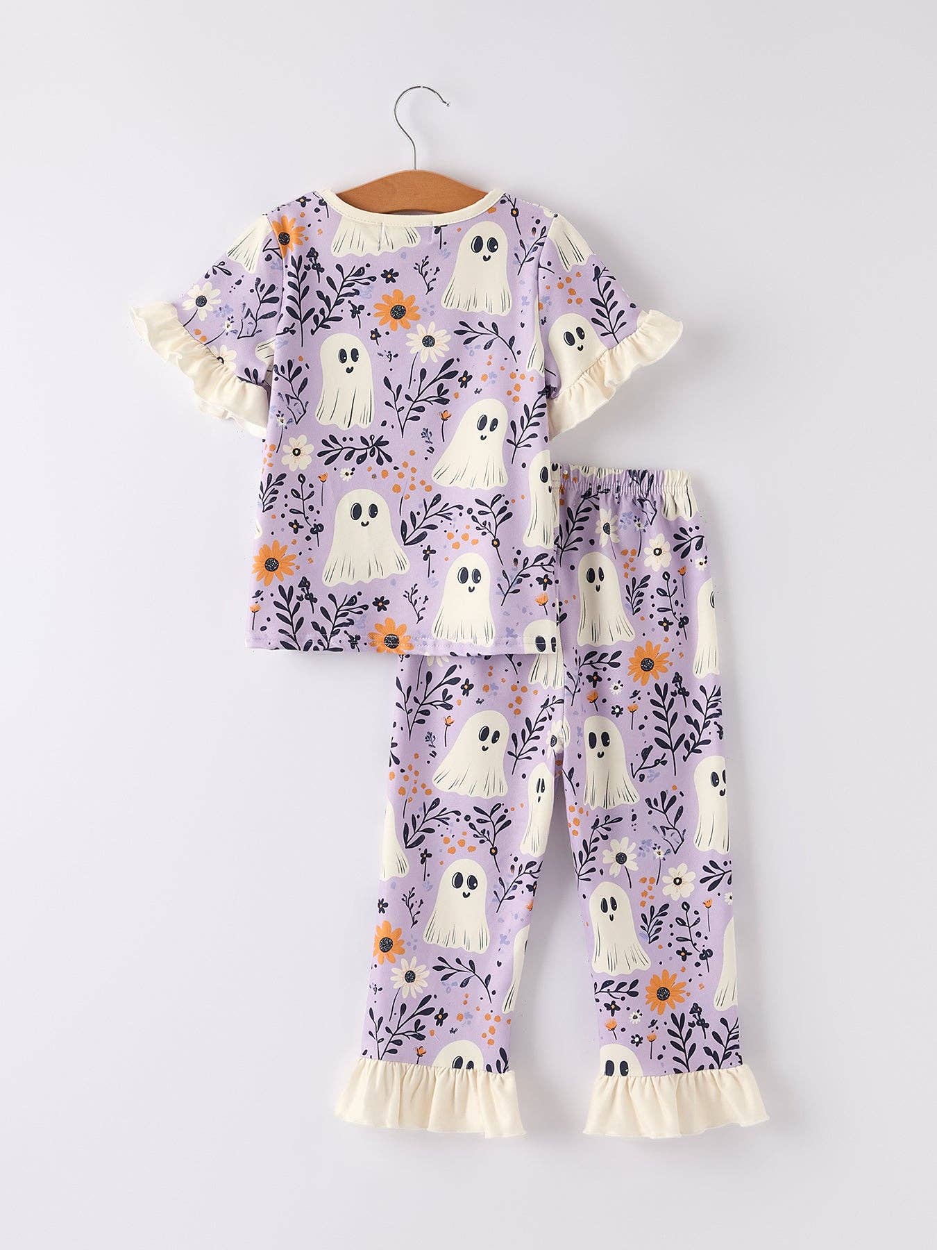 Halloween Ghost Floral Print Purple Ruffled Girls Pajamas