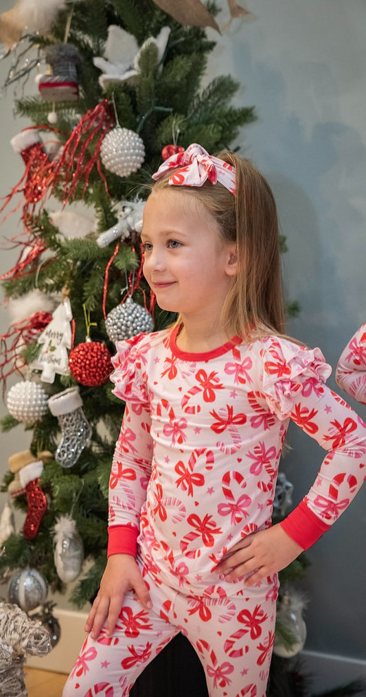 Gray's Bamboo Girl's 2 - Piece  Candy Cane Ruffle Pajamas