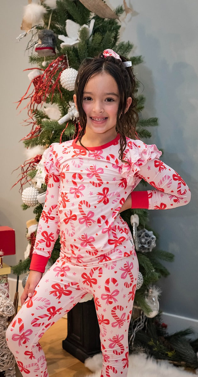 Gray's Bamboo Girl's 2 - Piece  Candy Cane Ruffle Pajamas