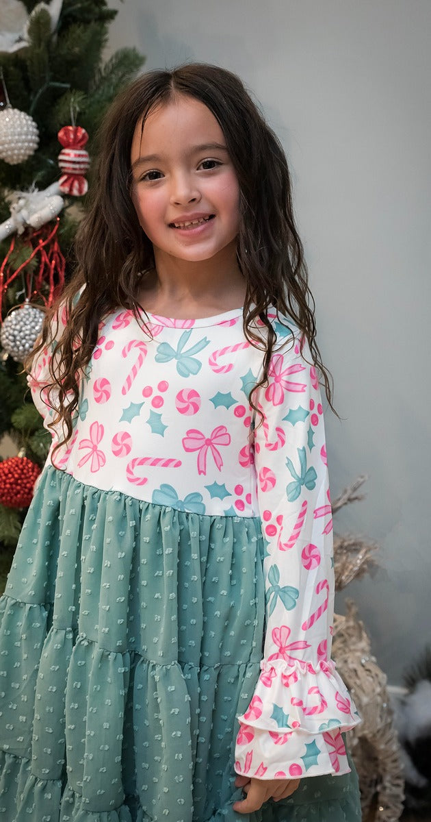 Kids Peppermint Candy Bow Holiday Swiss Dot Ruffle Dress