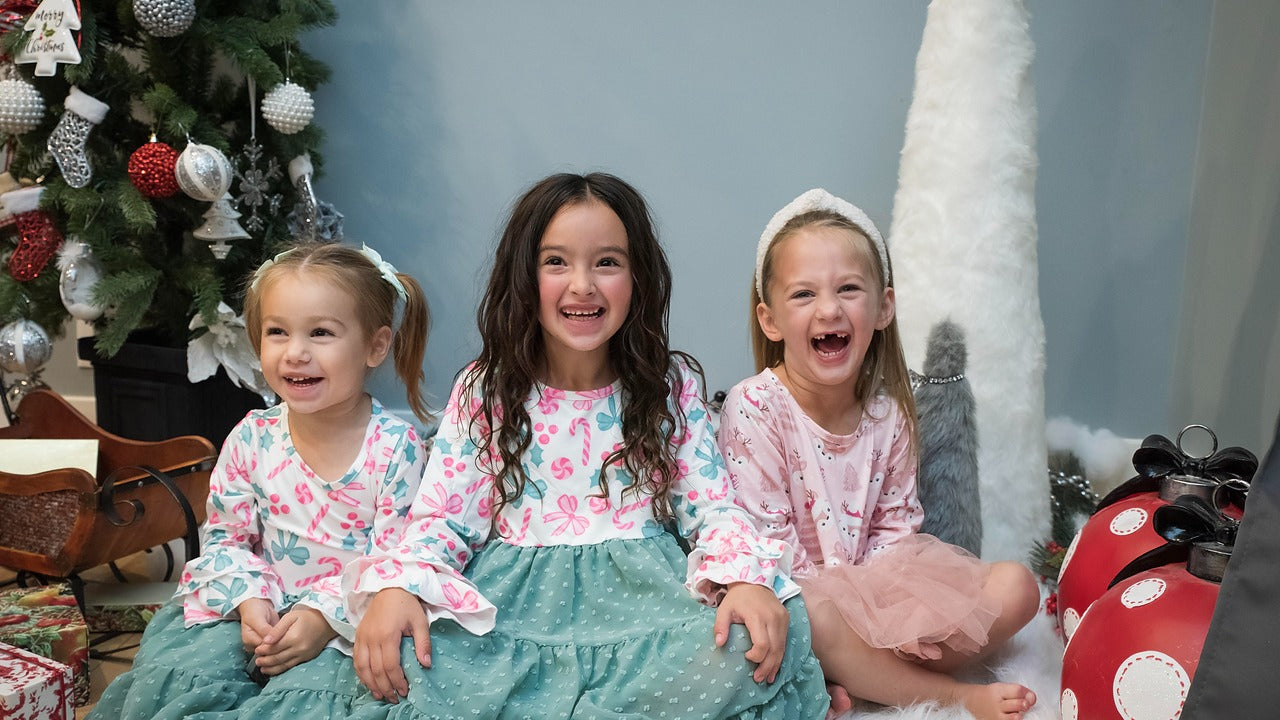 Kids Peppermint Candy Bow Holiday Swiss Dot Ruffle Dress