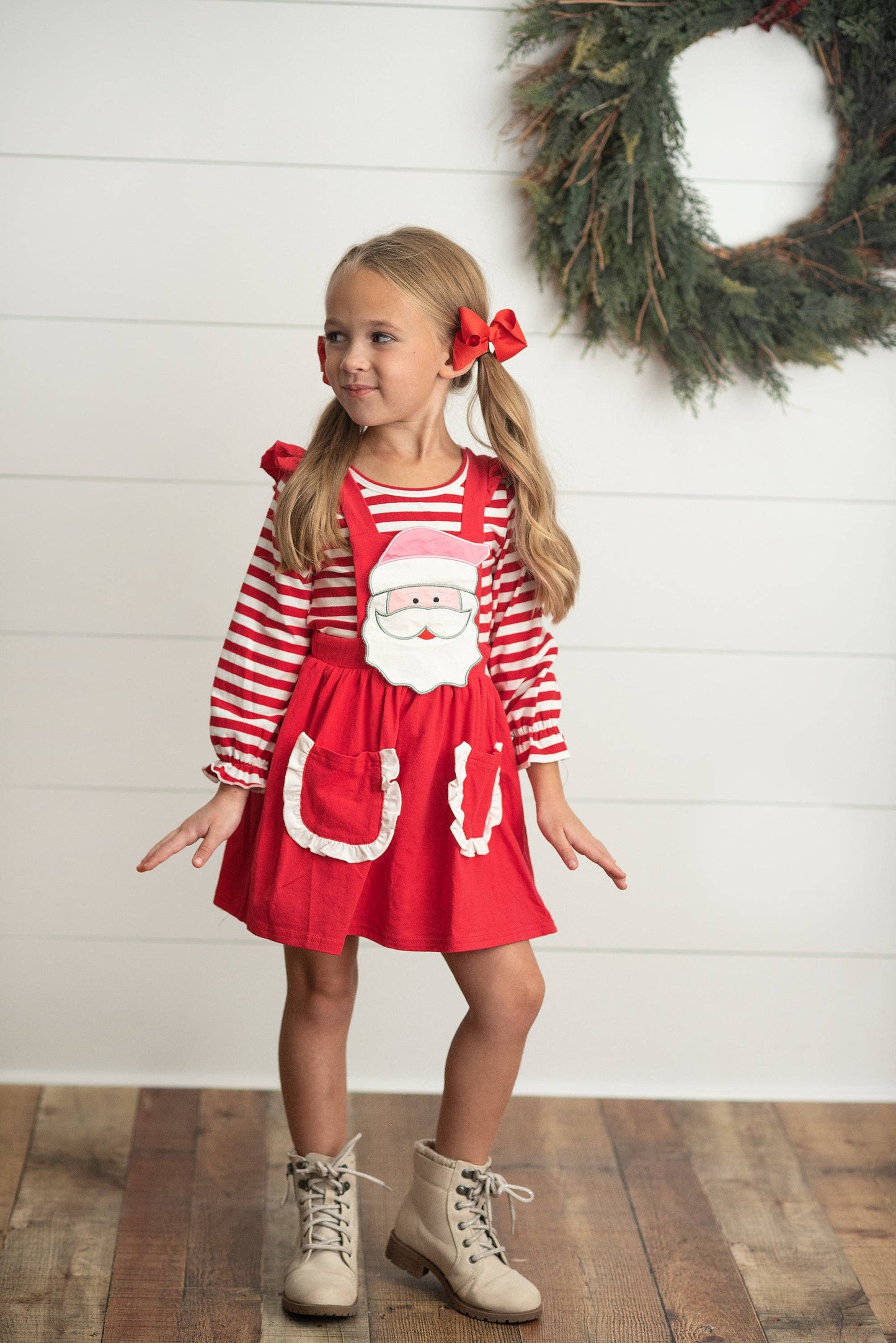 Kids Striped Santa Ruffle Pocket Pinafore Christmas Set