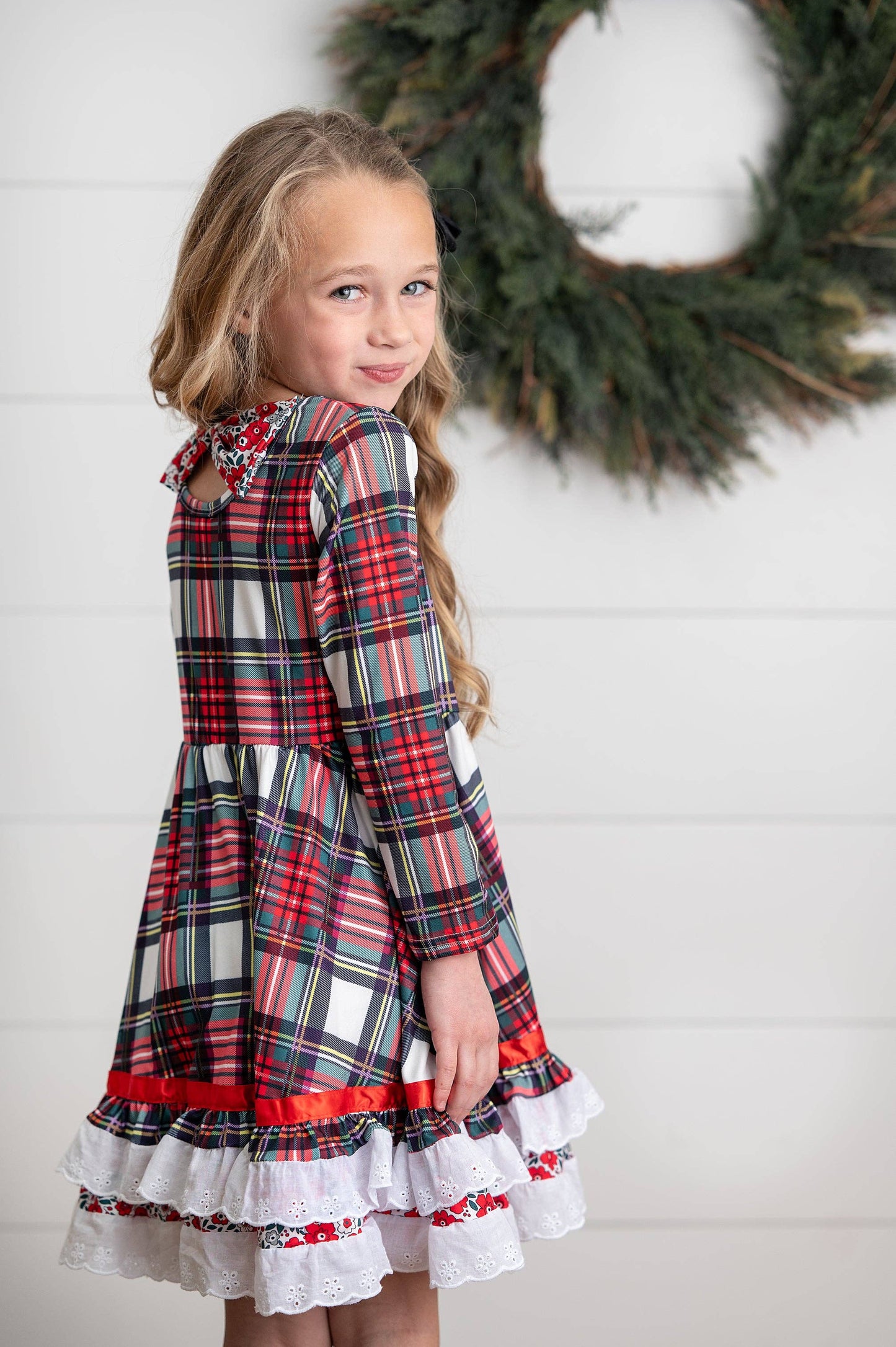 Girls Holiday Christmas Plaid Lace Ruffle Bow Back Dress