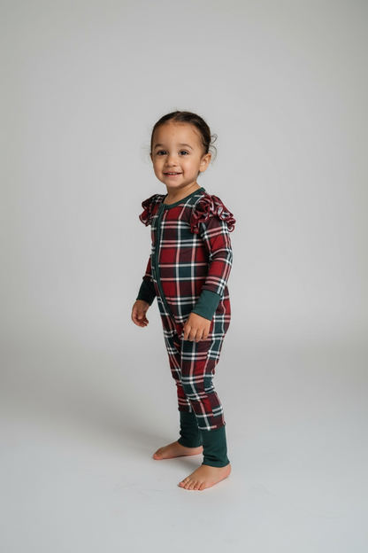 Gray's Bamboo Girl's Zippy Holiday Plaid Ruffle Plaid Pajamas