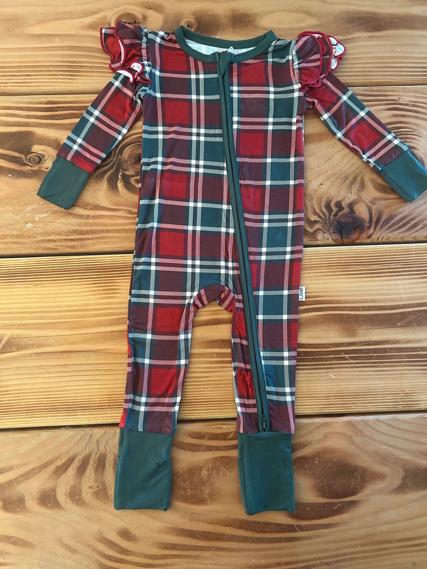 Gray's Bamboo Girl's Zippy Holiday Plaid Ruffle Plaid Pajamas
