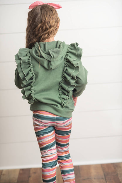 Sage Double Ruffle Button Hoodie & Stripe Leggings Set
