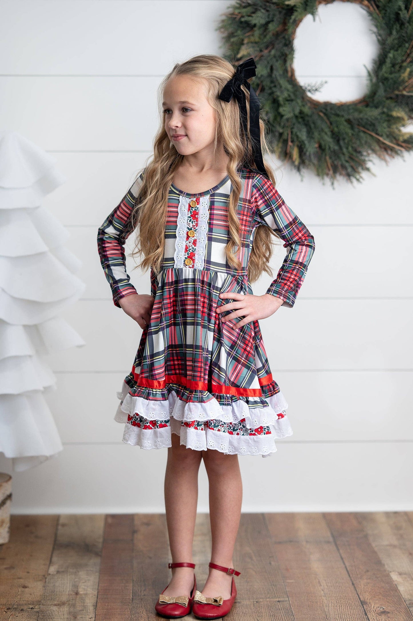 Girls Holiday Christmas Plaid Lace Ruffle Bow Back Dress