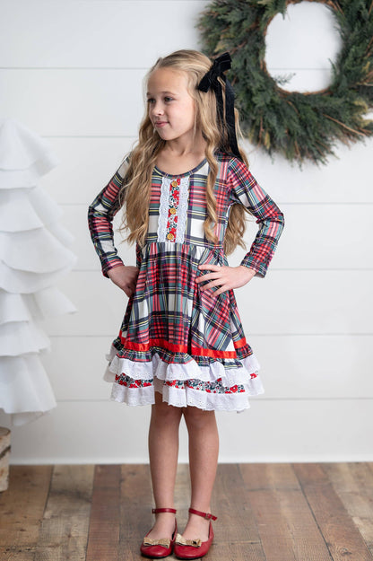 Girls Holiday Christmas Plaid Lace Ruffle Bow Back Dress