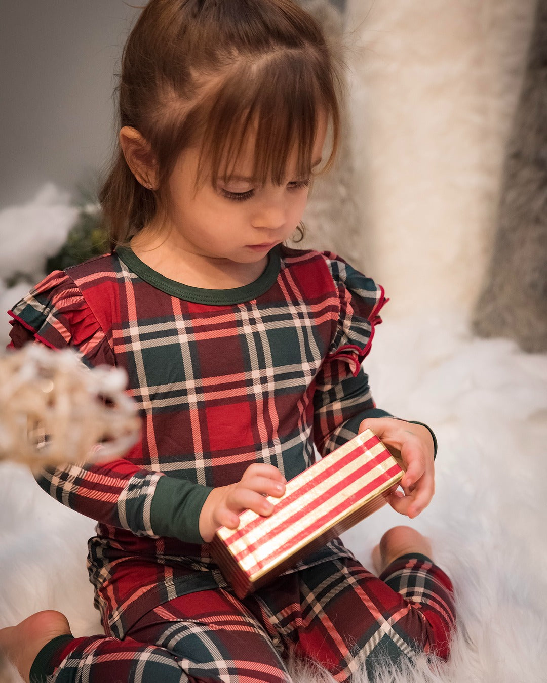 Gray's Bamboo Girl's 2 - Piece Holiday Plaid Ruffle Pajamas