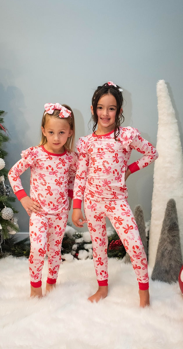 Gray's Bamboo Girl's 2 - Piece  Candy Cane Ruffle Pajamas