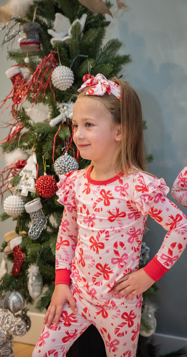 Gray's Bamboo Girl's 2 - Piece  Candy Cane Ruffle Pajamas