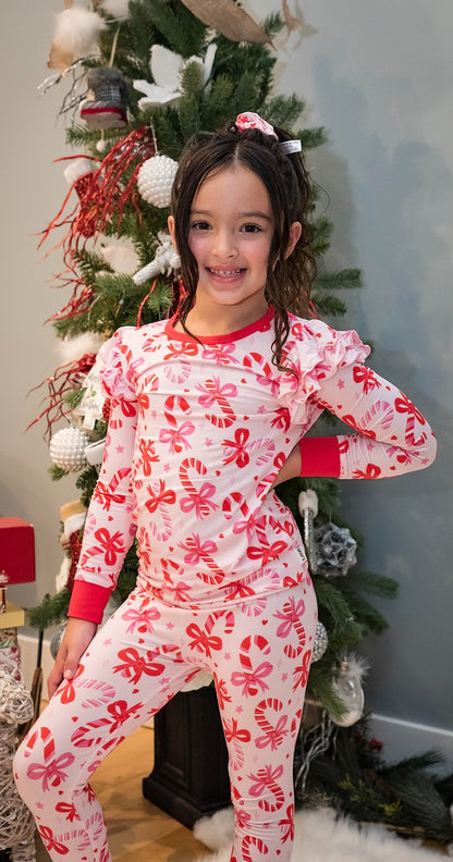 Gray's Bamboo Girl's 2 - Piece  Candy Cane Ruffle Pajamas