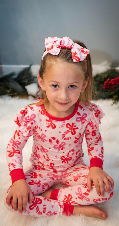 Gray's Bamboo Girl's 2 - Piece  Candy Cane Ruffle Pajamas