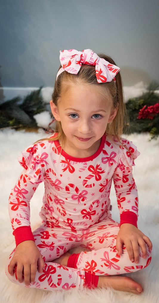 Gray's Bamboo Girl's 2 - Piece  Candy Cane Ruffle Pajamas