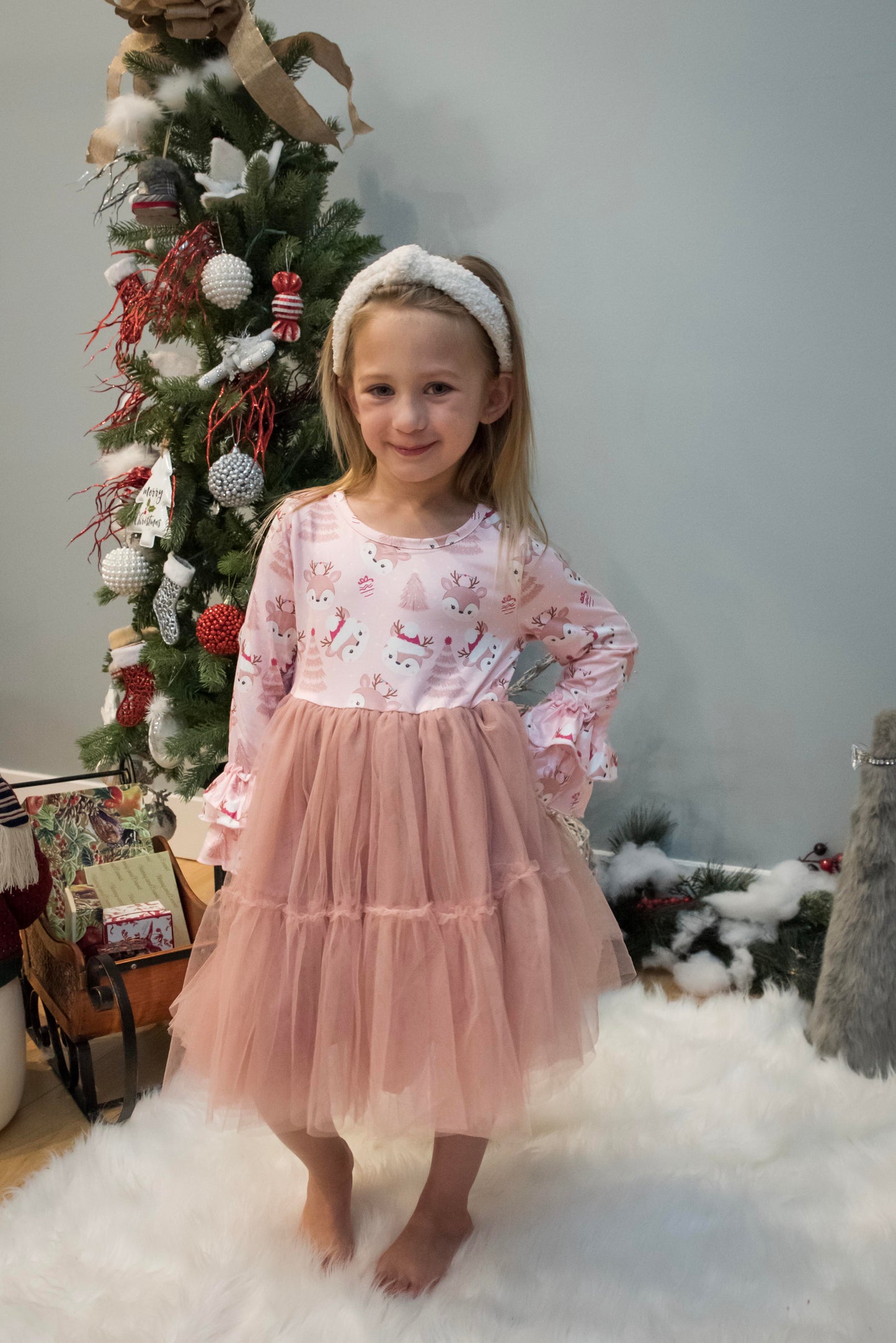 Kids Pink Reindeer Tulle Ruffle Sleeve Holiday Dress
