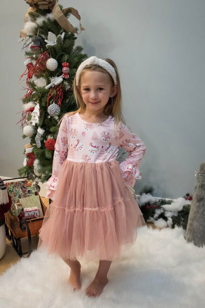 Kids Pink Reindeer Tulle Ruffle Sleeve Holiday Dress