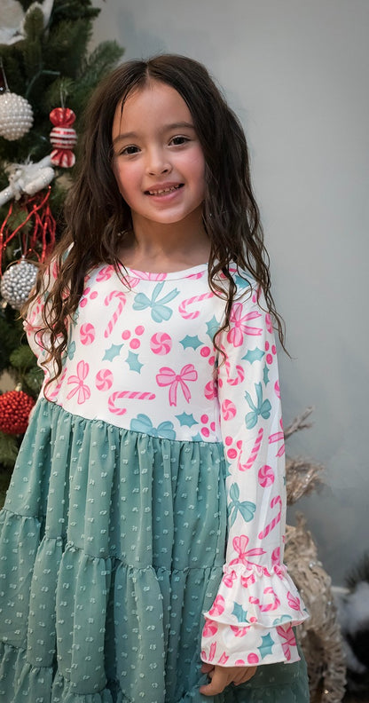 Kids Peppermint Candy Bow Holiday Swiss Dot Ruffle Dress