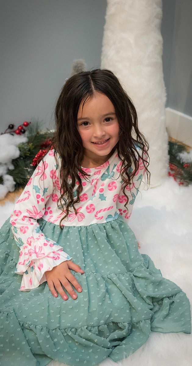 Kids Peppermint Candy Bow Holiday Swiss Dot Ruffle Dress
