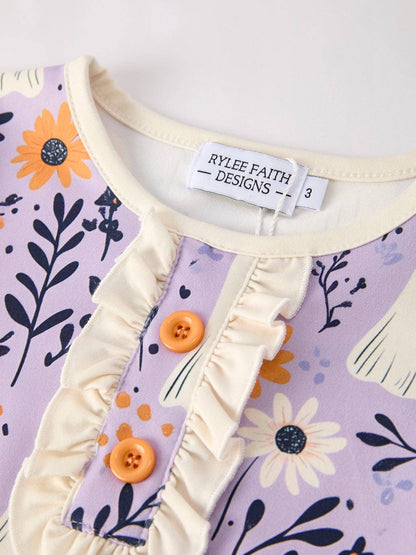 Halloween Ghost Floral Print Purple Ruffled Girls Pajamas