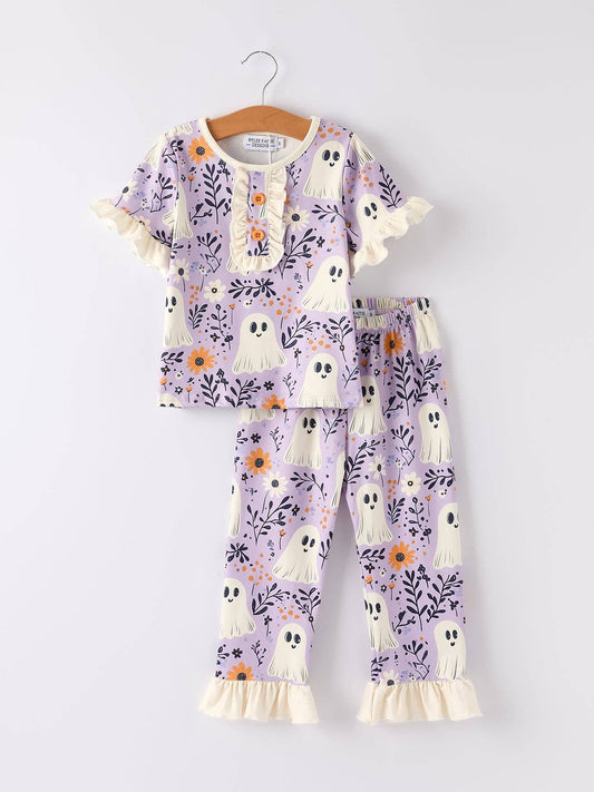 Halloween Ghost Floral Print Purple Ruffled Girls Pajamas