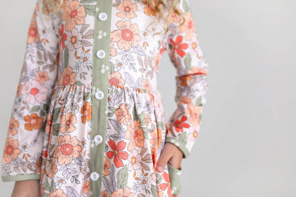 Sage & Rust Fall Floral Button Dress With Pockets