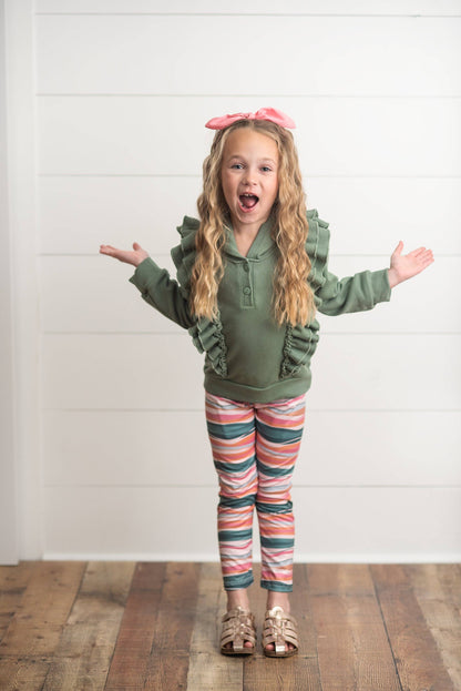Sage Double Ruffle Button Hoodie & Stripe Leggings Set